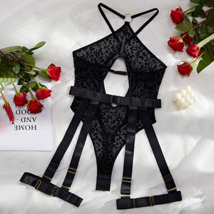 Comfortable leopard print mesh sexy hollow design cross backless jumpsuit garter set - Negative Apparel