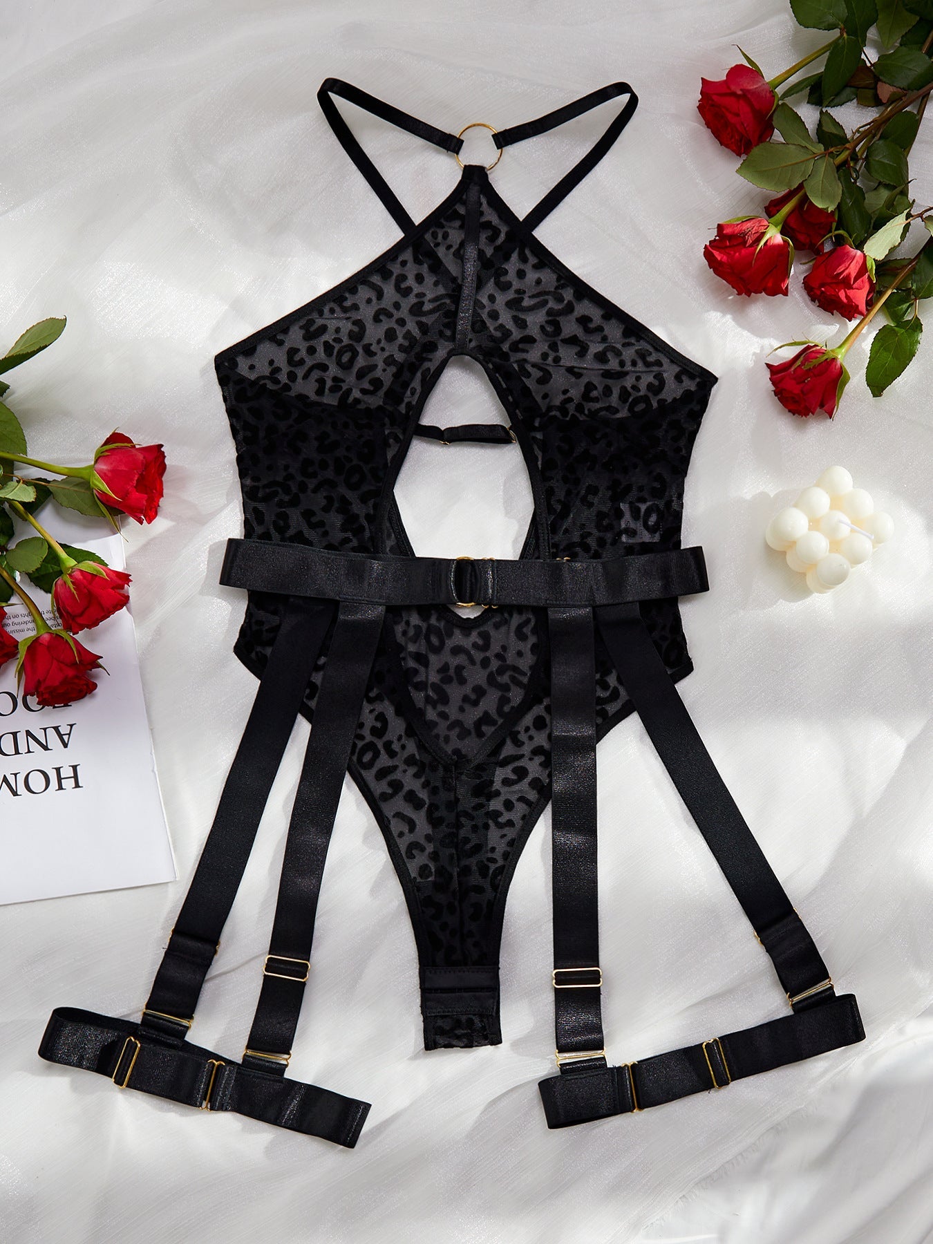 Comfortable leopard print mesh sexy hollow design cross backless jumpsuit garter set - Negative Apparel