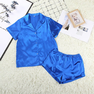 Comfortable Short - sleeved Shirt Loose Casual Simulation Silk Shorts Home Pajamas Set - Negative Apparel