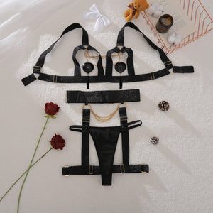 Complex process metal chain decoration pure desire hollow body sculpting sexy underwear split set - Negative Apparel