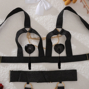 Complex process metal chain decoration pure desire hollow body sculpting sexy underwear split set - Negative Apparel
