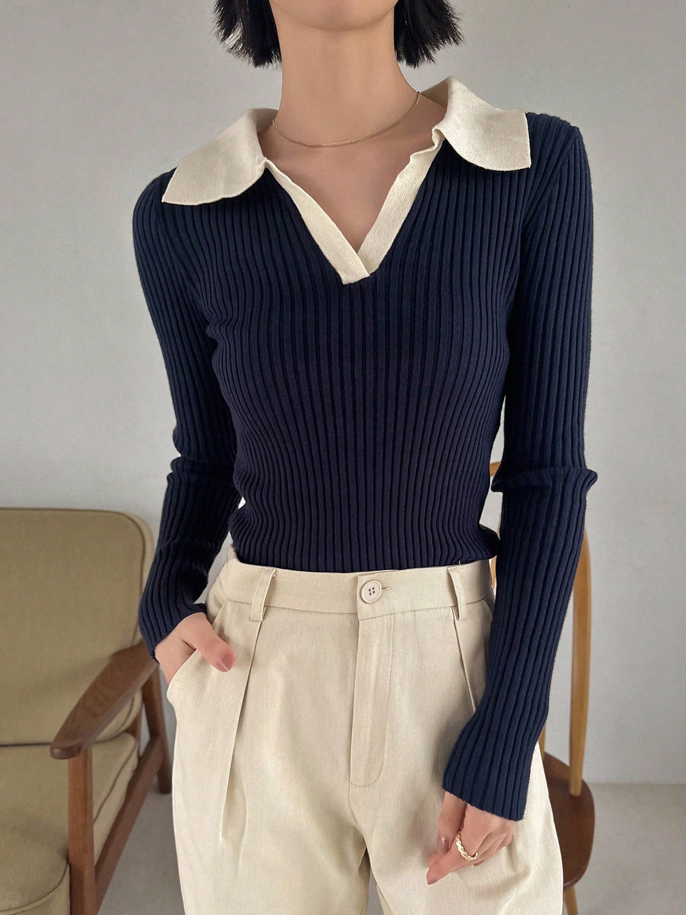 Contrast Collar Ribbed Knit Sweater - Negative Apparel