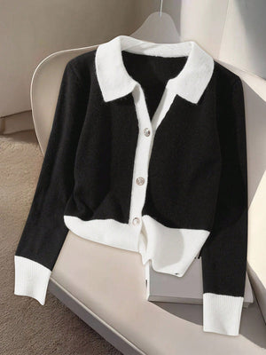 Contrast Color Collar Long Sleeve Casual Knitted Cardigan FD - Negative Apparel