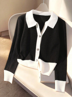 Contrast Color Collar Long Sleeve Casual Knitted Cardigan FD - Negative Apparel