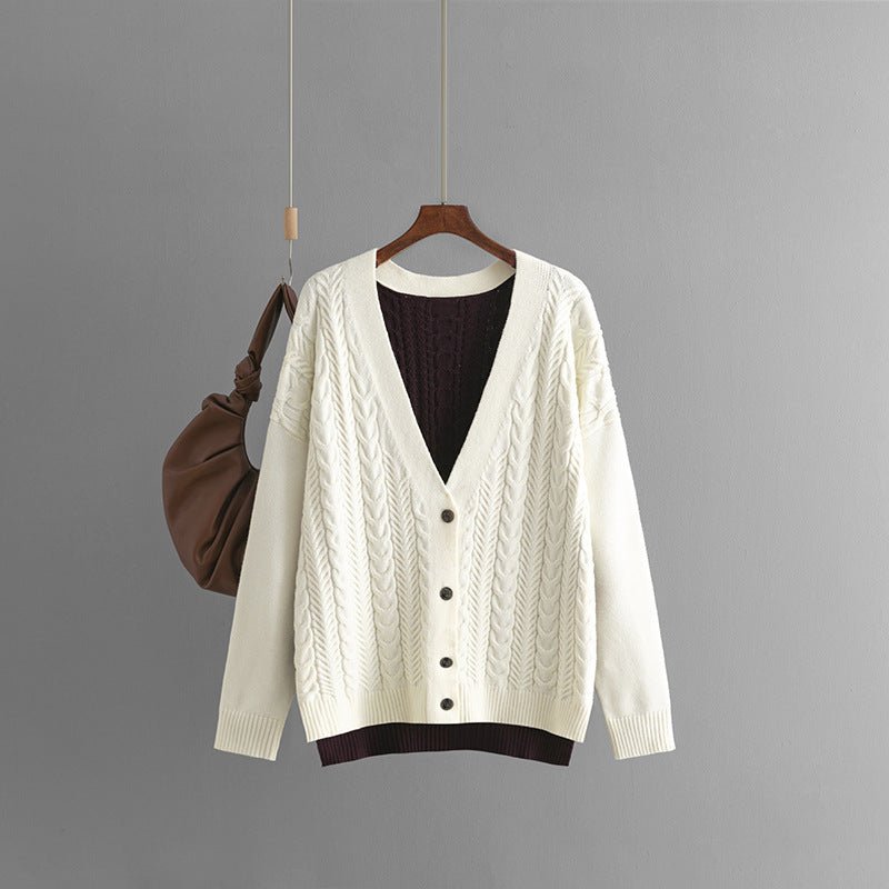 Contrast color matching twisted V - neck knitted cardigan outer wear casual sweater jacket for women - Negative Apparel