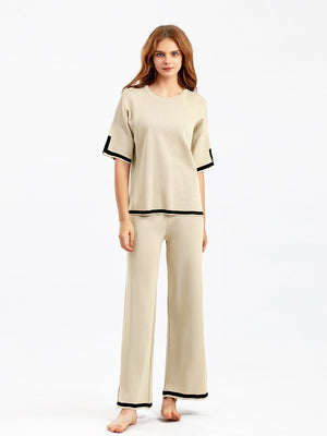 Contrast color split short - sleeved sweater + high waist slim wide leg pants two - piece suit - Negative Apparel