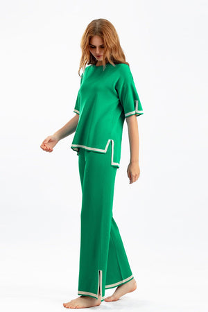 Contrast color split short - sleeved sweater + high waist slim wide leg pants two - piece suit - Negative Apparel