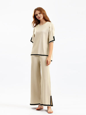 Contrast color split short - sleeved sweater + high waist slim wide leg pants two - piece suit - Negative Apparel