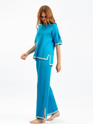 Contrast color split short - sleeved sweater + high waist slim wide leg pants two - piece suit - Negative Apparel