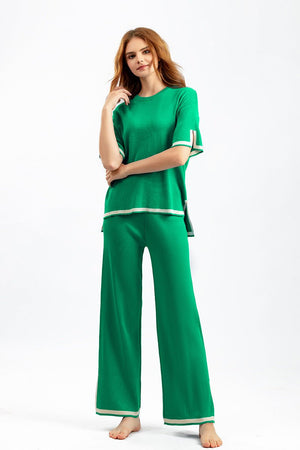 Contrast color split short - sleeved sweater + high waist slim wide leg pants two - piece suit - Negative Apparel