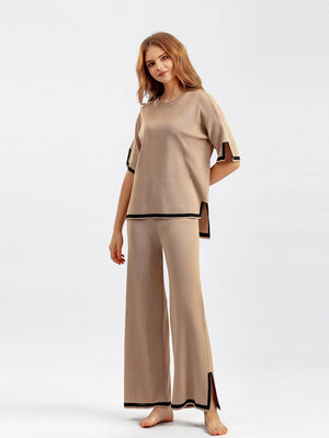 Contrast color split short - sleeved sweater + high waist slim wide leg pants two - piece suit - Negative Apparel