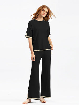 Contrast color split short - sleeved sweater + high waist slim wide leg pants two - piece suit - Negative Apparel