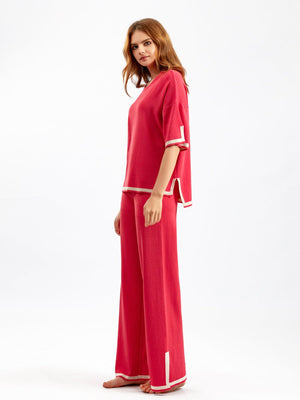 Contrast color split short - sleeved sweater + high waist slim wide leg pants two - piece suit - Negative Apparel