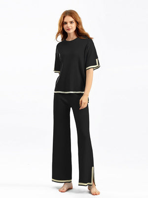 Contrast color split short - sleeved sweater + high waist slim wide leg pants two - piece suit - Negative Apparel