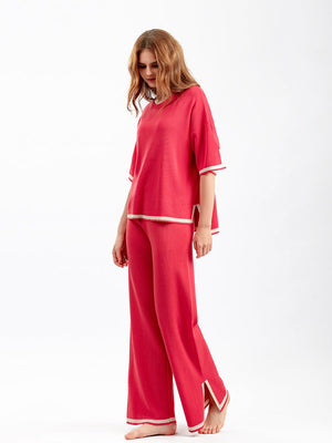 Contrast color split short - sleeved sweater + high waist slim wide leg pants two - piece suit - Negative Apparel