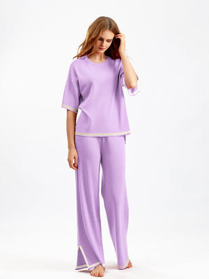 Contrast color split short - sleeved sweater + high waist slim wide leg pants two - piece suit - Negative Apparel