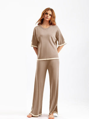 Contrast color split short - sleeved sweater + high waist slim wide leg pants two - piece suit - Negative Apparel