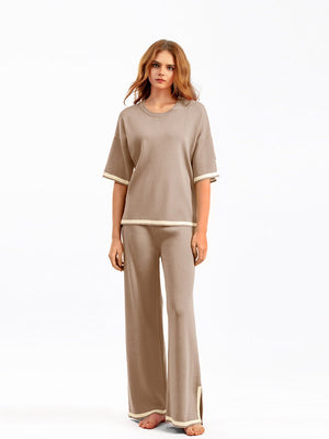 Contrast color split short - sleeved sweater + high waist slim wide leg pants two - piece suit - Negative Apparel