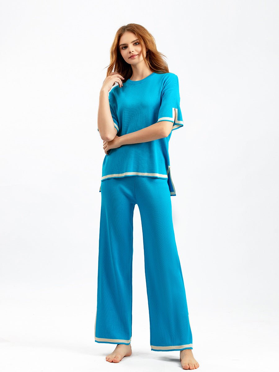 Contrast color split short - sleeved sweater + high waist slim wide leg pants two - piece suit - Negative Apparel