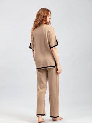 Contrast color split short - sleeved sweater + high waist slim wide leg pants two - piece suit - Negative Apparel