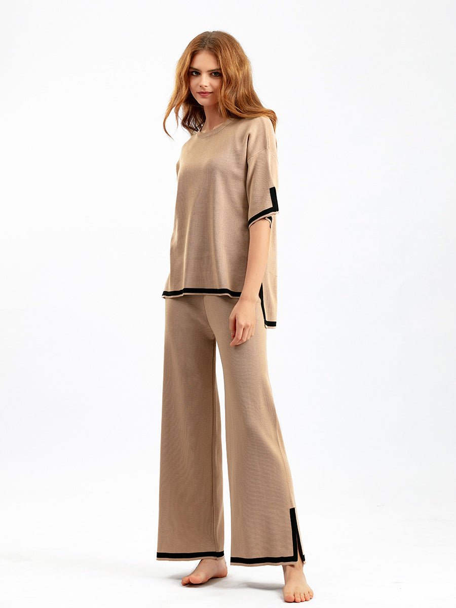 Contrast color split short - sleeved sweater + high waist slim wide leg pants two - piece suit - Negative Apparel