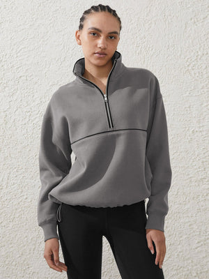 Contrast color zipper high collar drawstring hem long sleeve sweatshirt - Negative Apparel