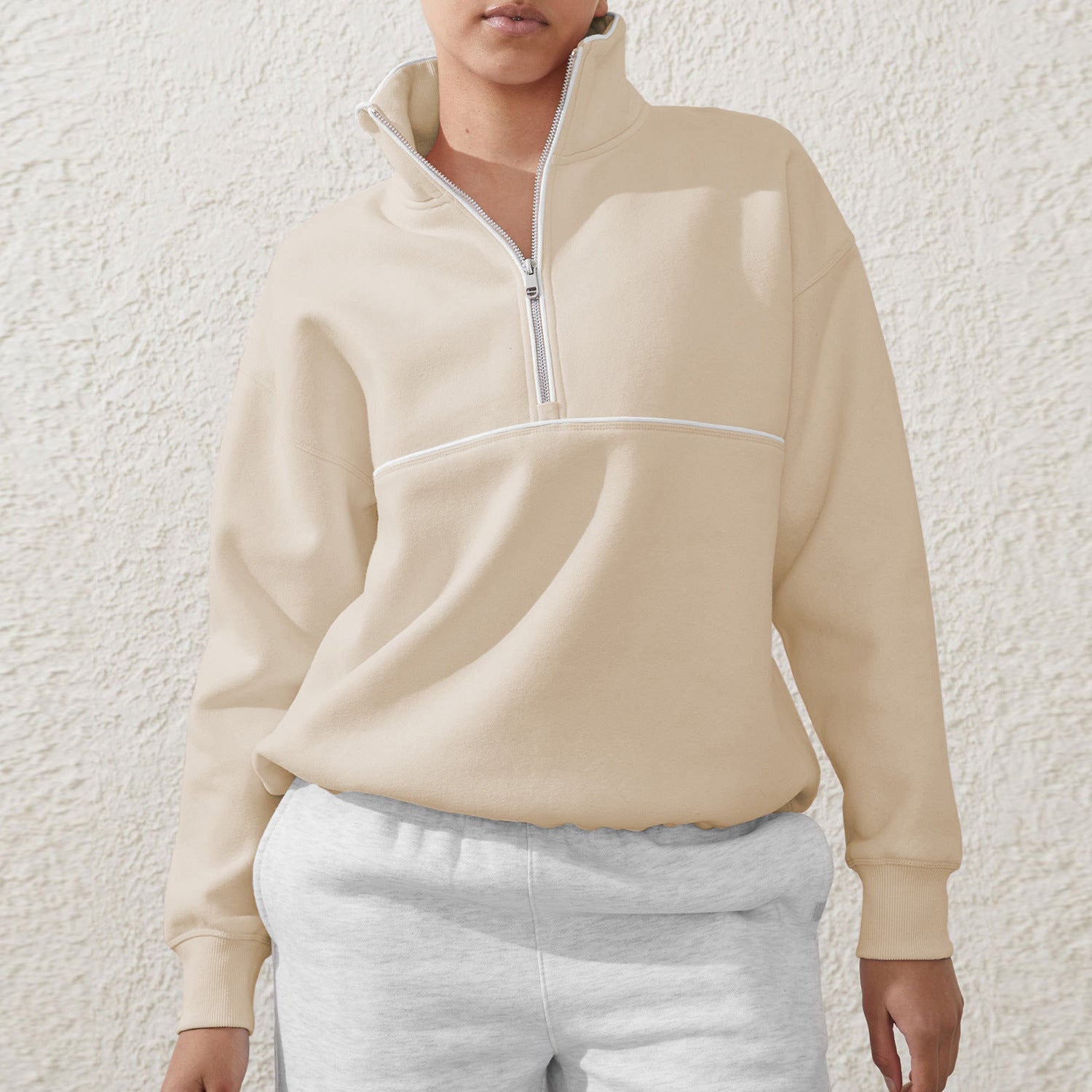 Contrast color zipper high collar drawstring hem long sleeve sweatshirt - Negative Apparel