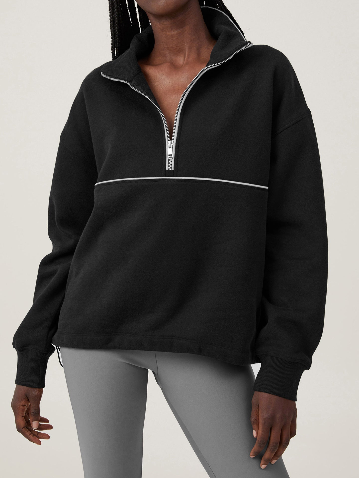 Contrast color zipper high collar drawstring hem long sleeve sweatshirt - Negative Apparel