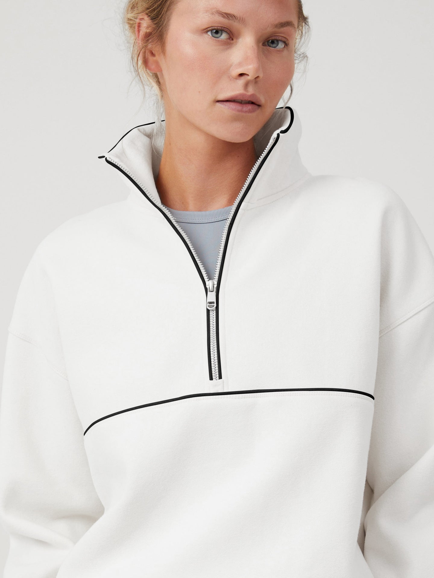 Contrast color zipper high collar drawstring hem long sleeve sweatshirt - Negative Apparel