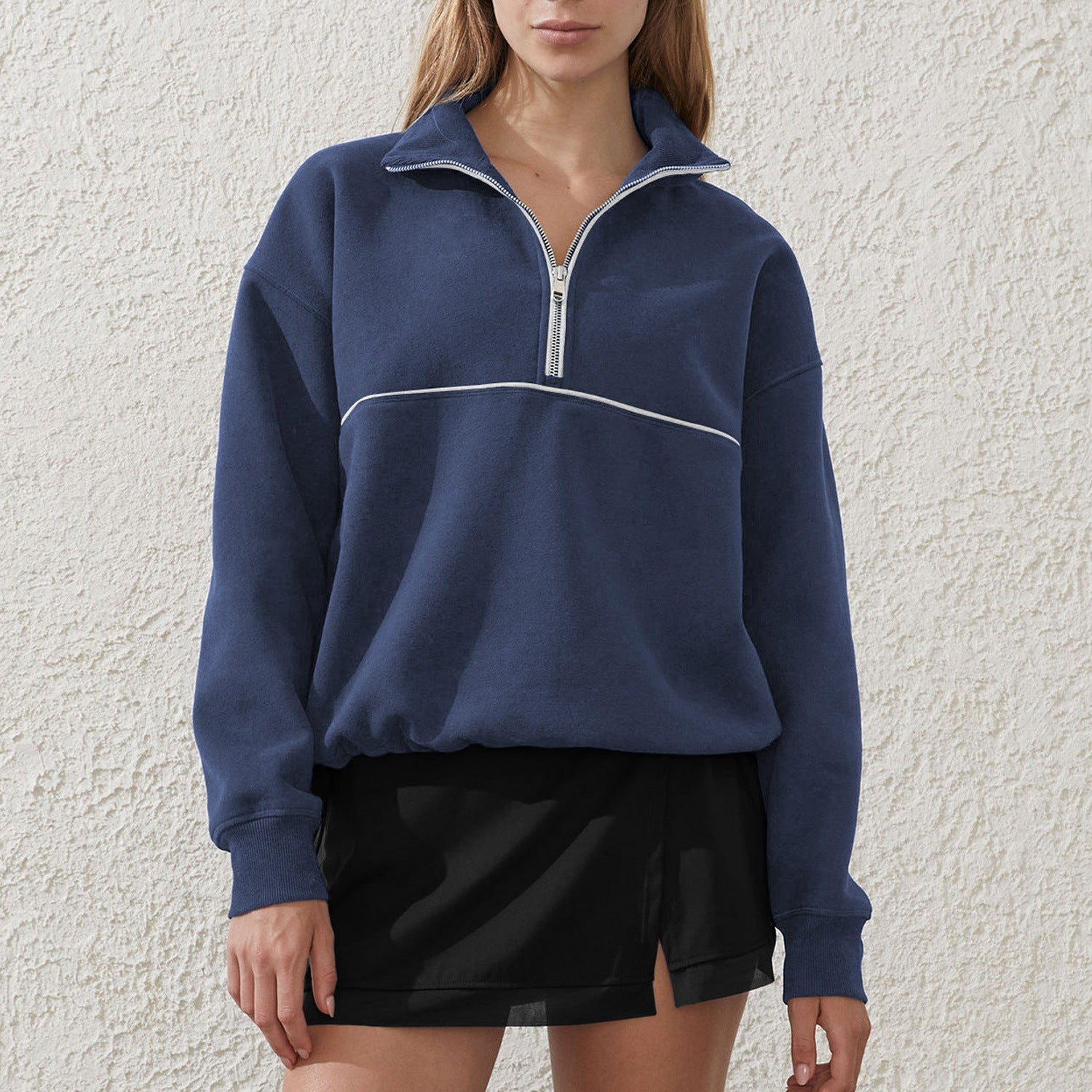 Contrast color zipper high collar drawstring hem long sleeve sweatshirt - Negative Apparel