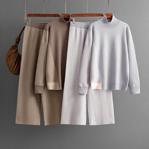 Contrasting color semi - turtleneck loose knitted top wide - leg pants two - piece set - Negative Apparel