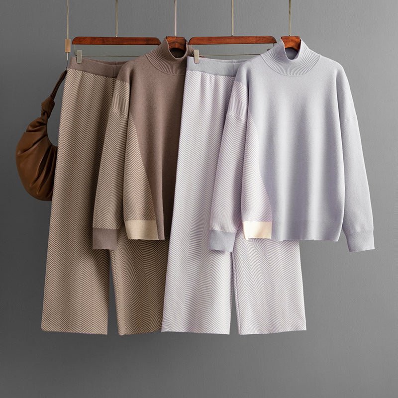 Contrasting color semi - turtleneck loose knitted top wide - leg pants two - piece set - Negative Apparel