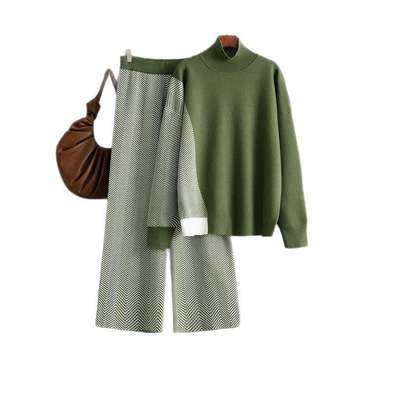 Contrasting color semi - turtleneck loose knitted top wide - leg pants two - piece set - Negative Apparel