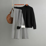 Contrasting color semi - turtleneck loose knitted top wide - leg pants two - piece set - Negative Apparel