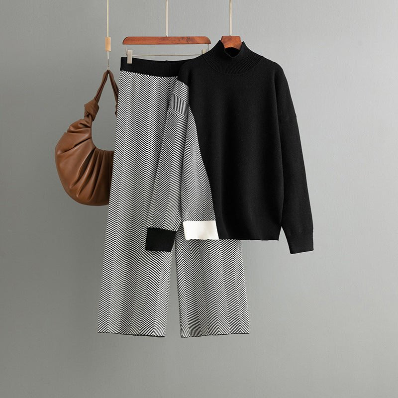 Contrasting color semi - turtleneck loose knitted top wide - leg pants two - piece set - Negative Apparel