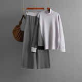 Contrasting color semi - turtleneck loose knitted top wide - leg pants two - piece set - Negative Apparel