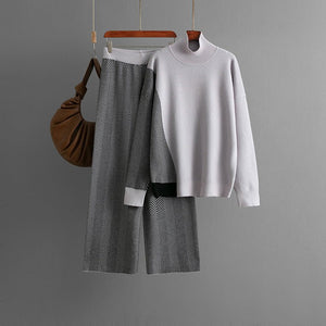 Contrasting color semi - turtleneck loose knitted top wide - leg pants two - piece set - Negative Apparel