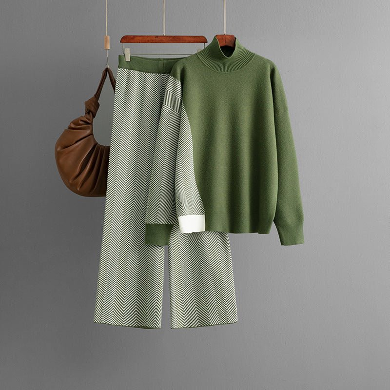 Contrasting color semi - turtleneck loose knitted top wide - leg pants two - piece set - Negative Apparel