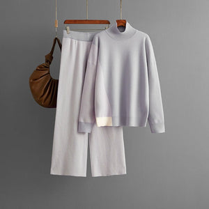 Contrasting color semi - turtleneck loose knitted top wide - leg pants two - piece set - Negative Apparel