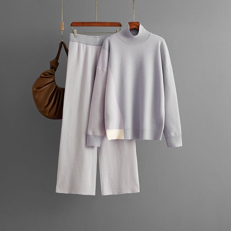 Contrasting color semi - turtleneck loose knitted top wide - leg pants two - piece set - Negative Apparel