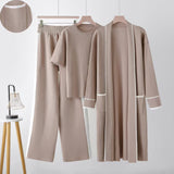 Contrasting colors comfortable & warm versatile knitted top wide - leg pants robe three - piece set - Negative Apparel