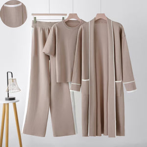 Contrasting colors comfortable & warm versatile knitted top wide - leg pants robe three - piece set - Negative Apparel