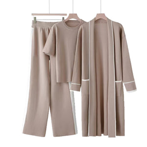 Contrasting colors comfortable & warm versatile knitted top wide - leg pants robe three - piece set - Negative Apparel