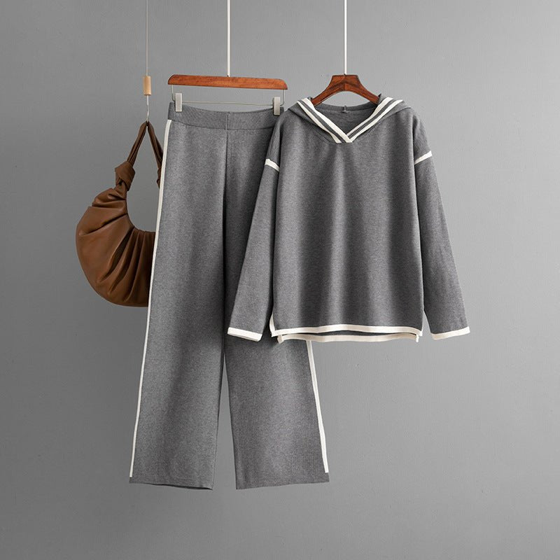 Contrasting colors split - ended long - sleeved hooded sweater wide - leg pants trousers two - piece set - Negative Apparel