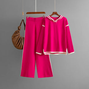 Contrasting colors split - ended long - sleeved hooded sweater wide - leg pants trousers two - piece set - Negative Apparel