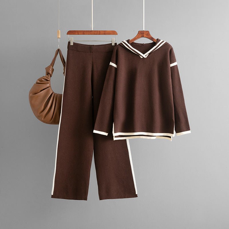 Contrasting colors split - ended long - sleeved hooded sweater wide - leg pants trousers two - piece set - Negative Apparel