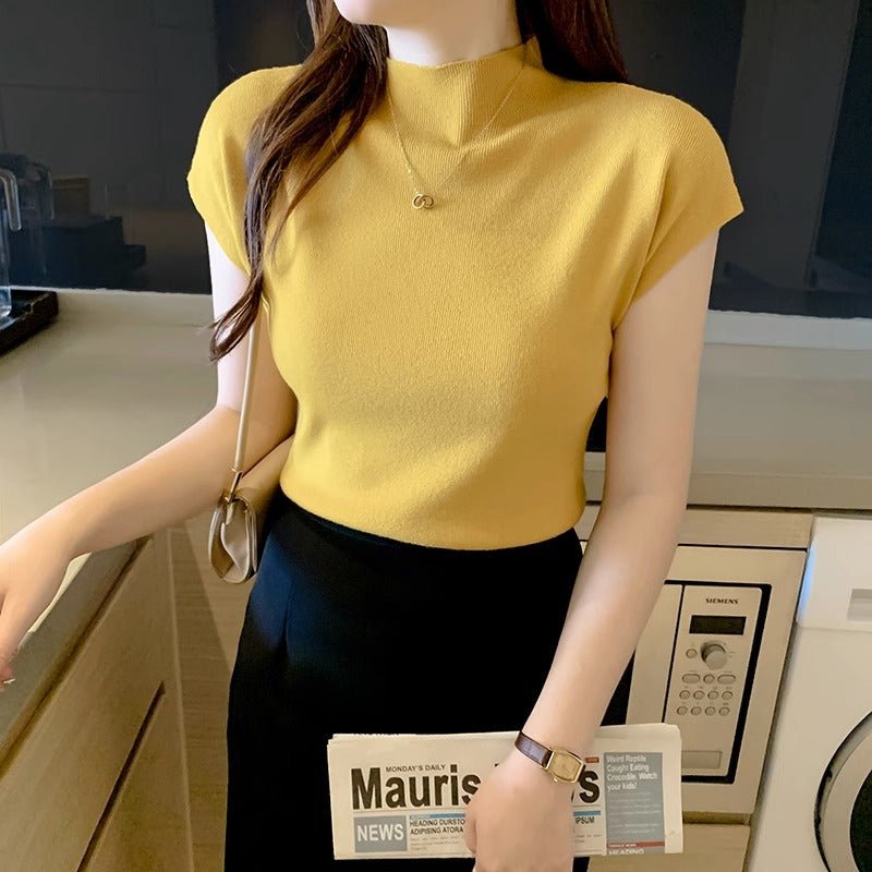 Cool half - high collar shirt short - sleeved knitted top for women - Negative Apparel