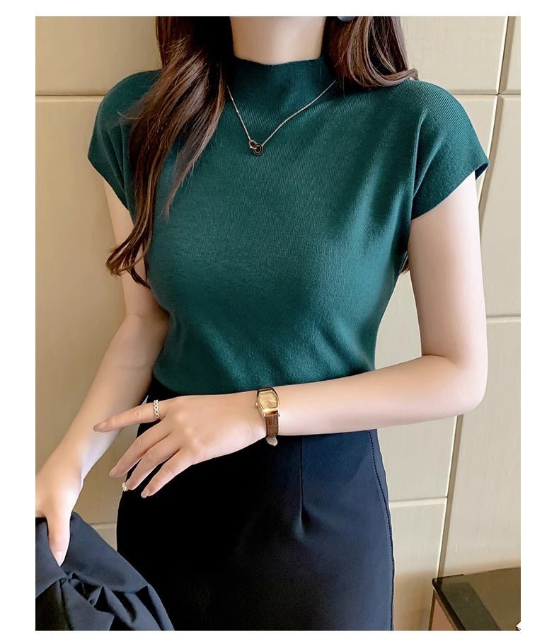 Cool half - high collar shirt short - sleeved knitted top for women - Negative Apparel