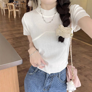 Cool silk knitted short - sleeved T-shirt women's summer 2025 new American style half - high collar slim fit T-shirt pullover top - Negative Apparel
