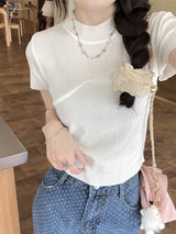 Cool silk knitted short - sleeved T-shirt women's summer 2025 new American style half - high collar slim fit T-shirt pullover top - Negative Apparel